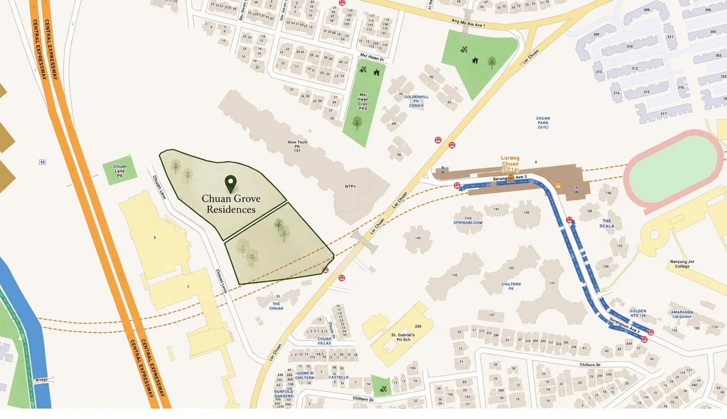 Location map of Chuan Grove Residences in District 19 — along Chuan Lane off Lorong Chuan, beside New Tech Park and NTP+ mall, a short walk from Lorong Chuan MRT (CC14) on the Circle Line, near St Gabriel's Primary, Nanyang Junior College, Chuan Lane Park and the Central Expressway