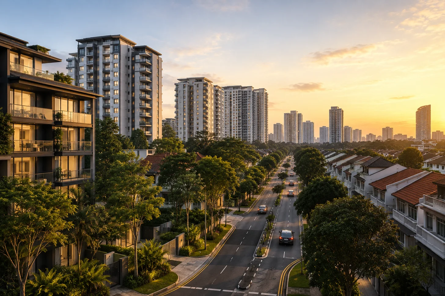 The established Lorong Chuan residential corridor around Chuan Grove Residences at sunset — condominiums and landed homes, District 19 Singapore